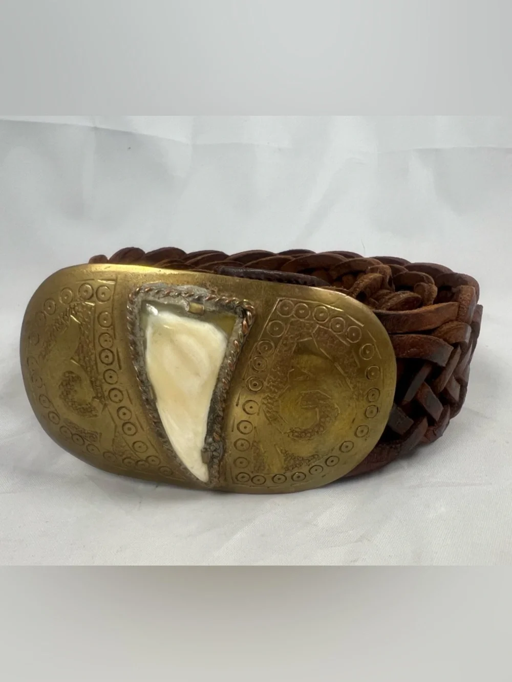 Chicos Moroccan Woven Brown Leather Belt Hammered Metal Buckle Size S/M Boho